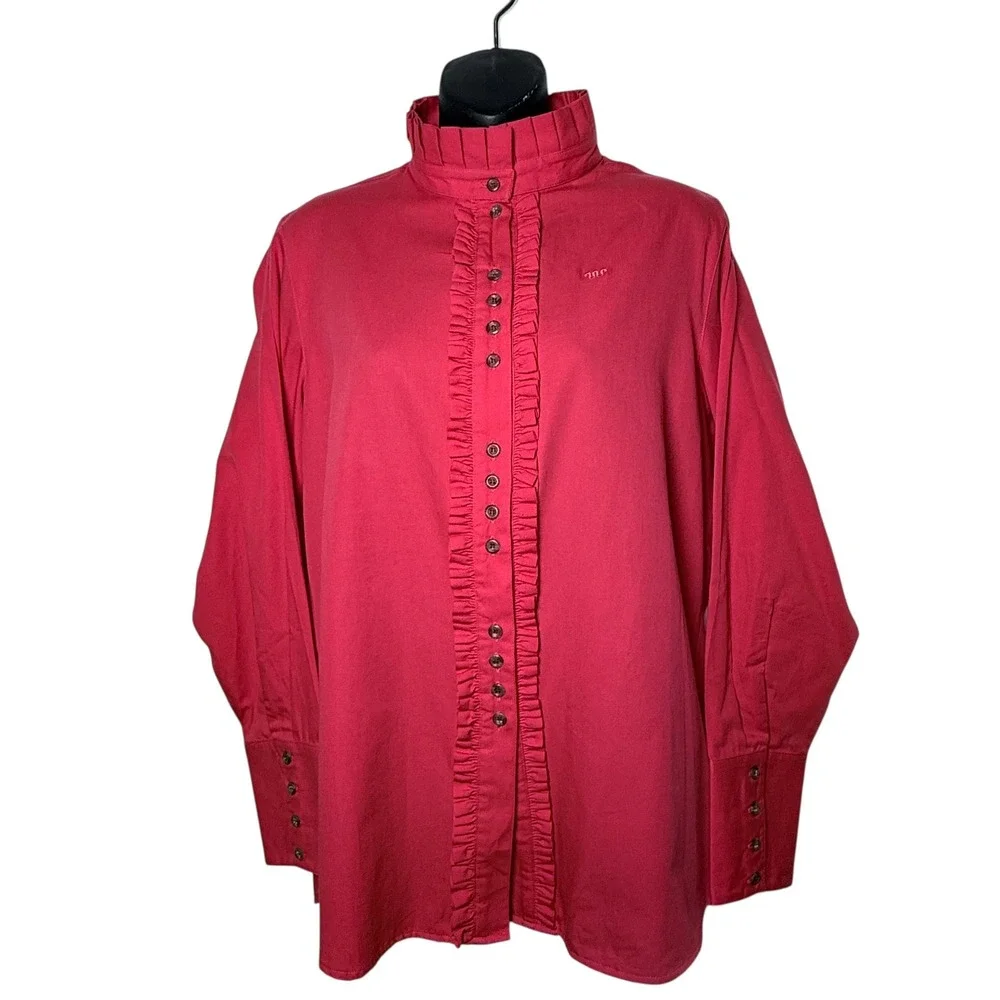 King Ranch Pink Cotton Ruffle Mock Neck Western Field Shirt Blouse Long Size XL‎